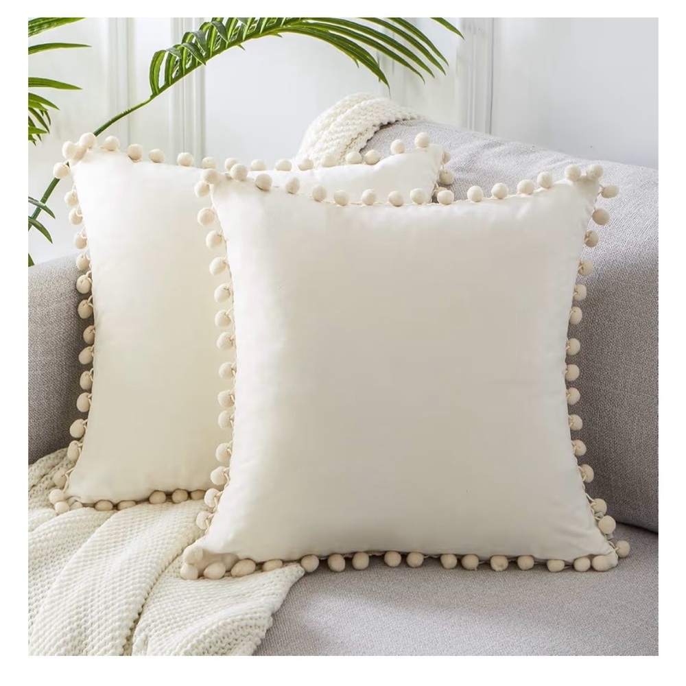 Cream Pom Pom Throw Pillows
